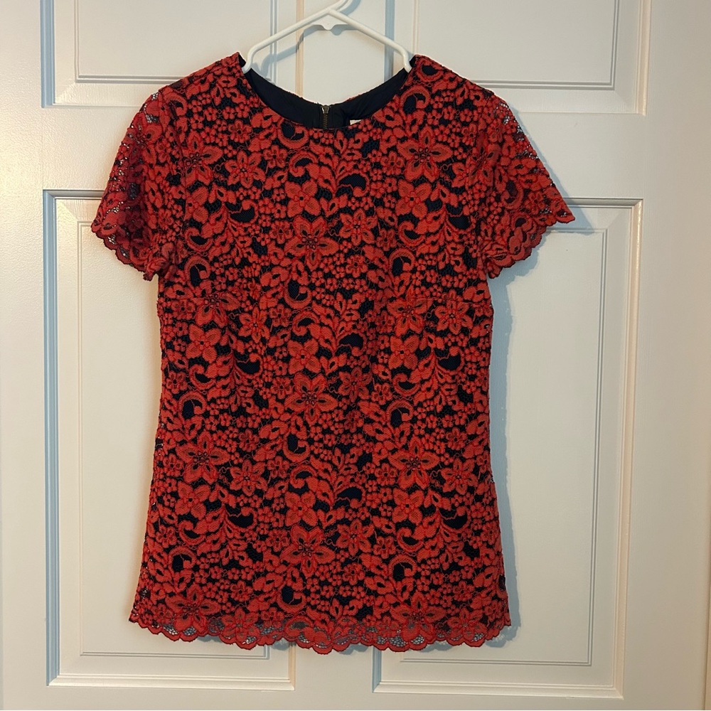 Shoshanna Blouse Women’s 6 Navy Blue Red Lace Top Anthropologie Short Sleeve